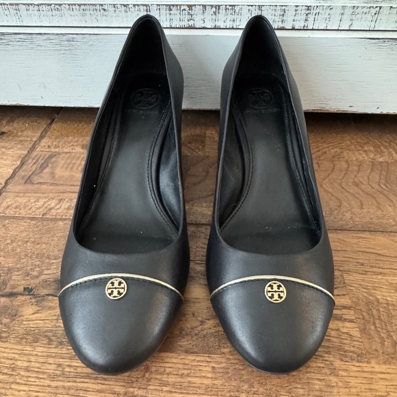 Tory Burch Shoes - Tory Burch Tiffy Black Leather Wedge Pumps Gold Logo Cap Toe‎ Women's Size 8.5